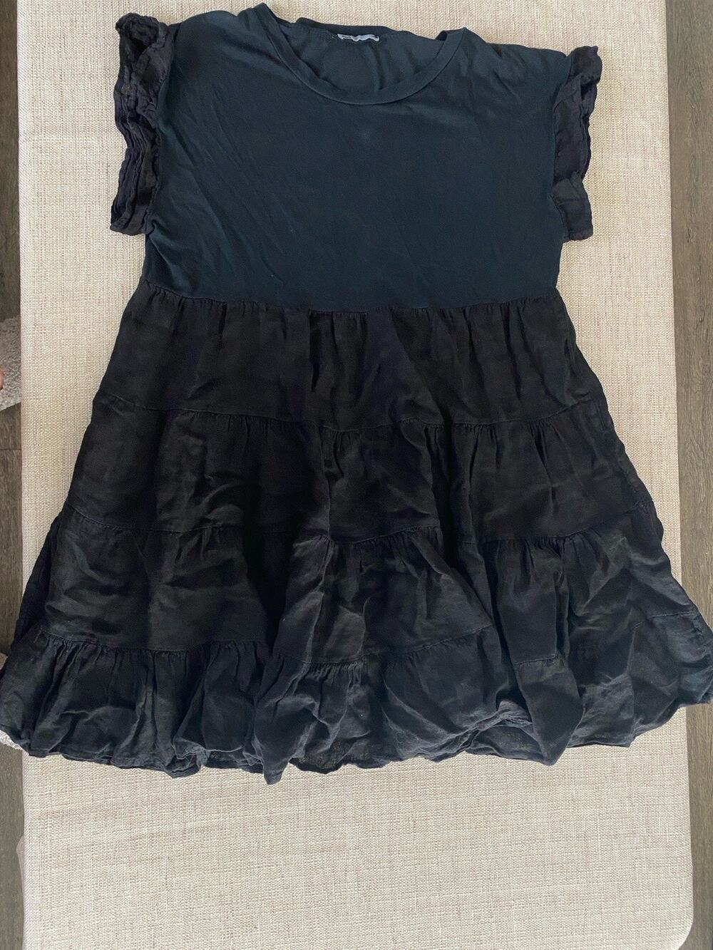 Made in Italy Black Linen Blend Tiered Shift Mini Dress M/L
